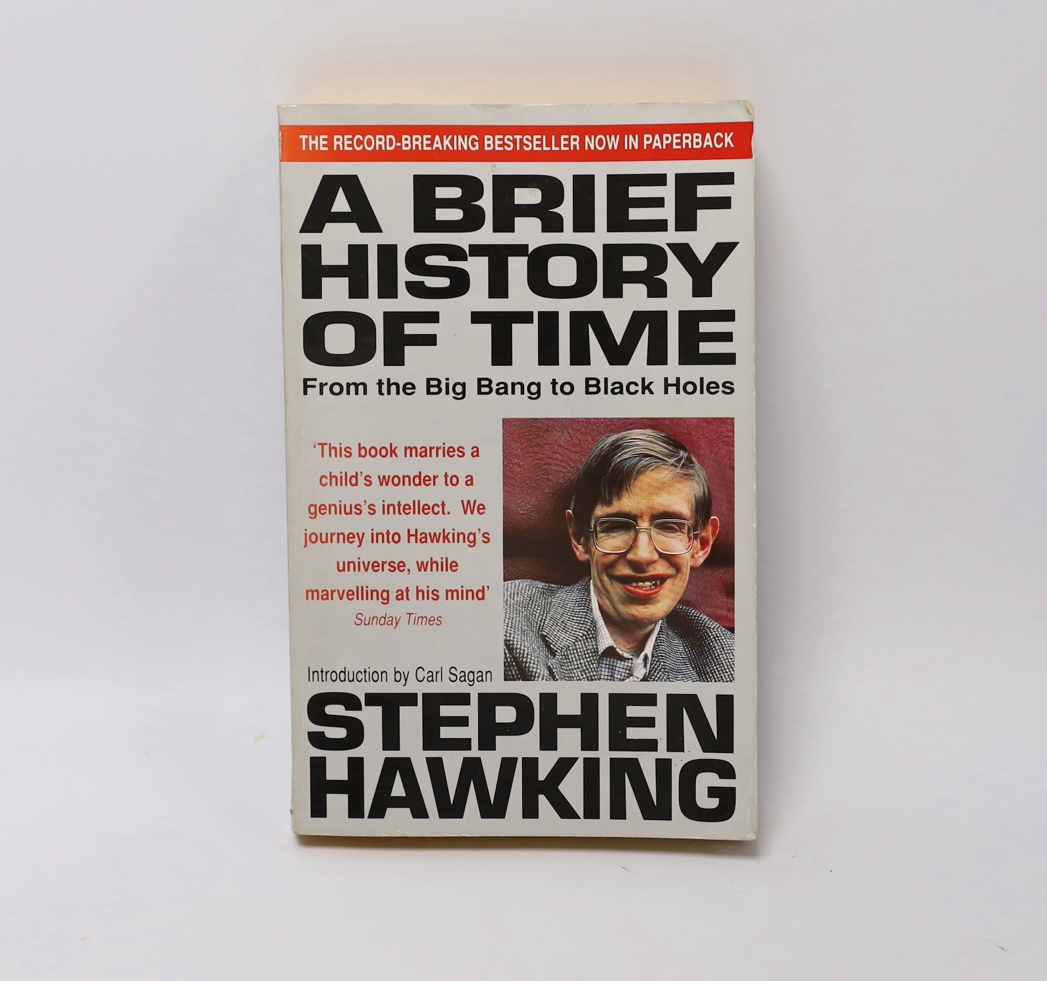 Stephen Hawking; A Brief History of Time, Bantam Books paperback edition, 1995, signed by Stephen Hawking with a thumb print